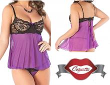 Black/Purple Babydoll Large Coquette Purple/Black Large 12-14 Mesh Lace Babydoll & G-String Chemise COQ-1035